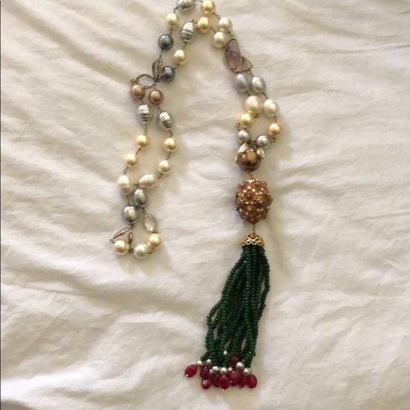 Pearl and crystal tassel necklace emeralds/rubies - Picture 1 of 5